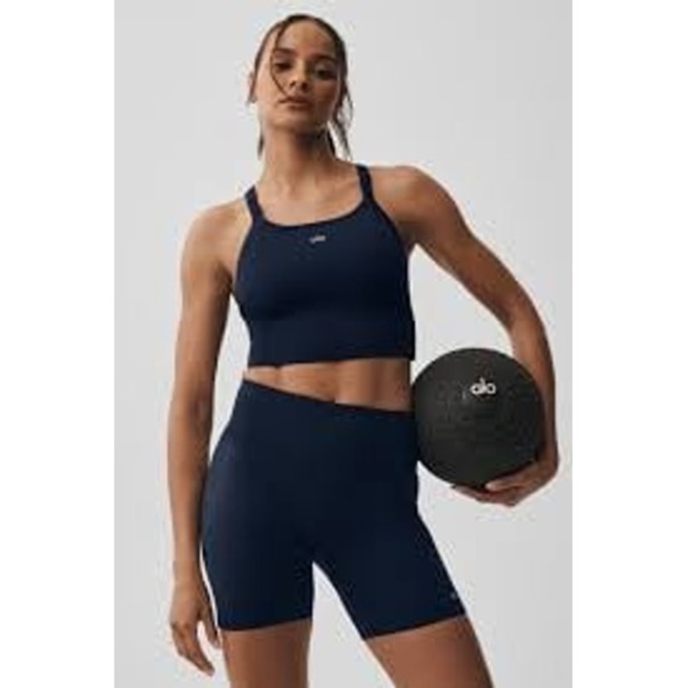 Alo Yoga Seamless Ribbed Favorite Bra Tank in the color Eclipse Blue
